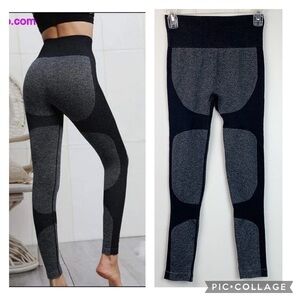 Sculpting high waist booty lifting heather gray black ribbed leggings tights EUC